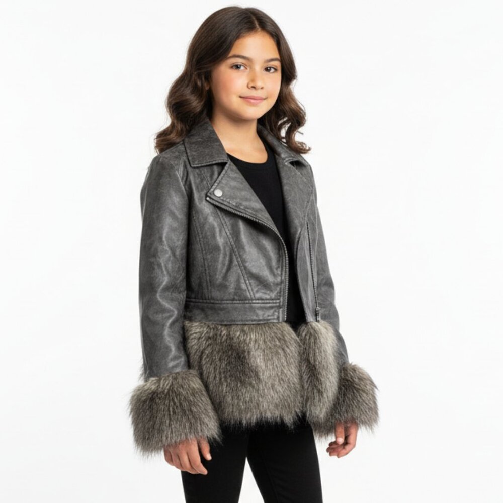 Sisley Girl's Gray Faux Leather & Fur Cropped Zip Front Moto Jacket L